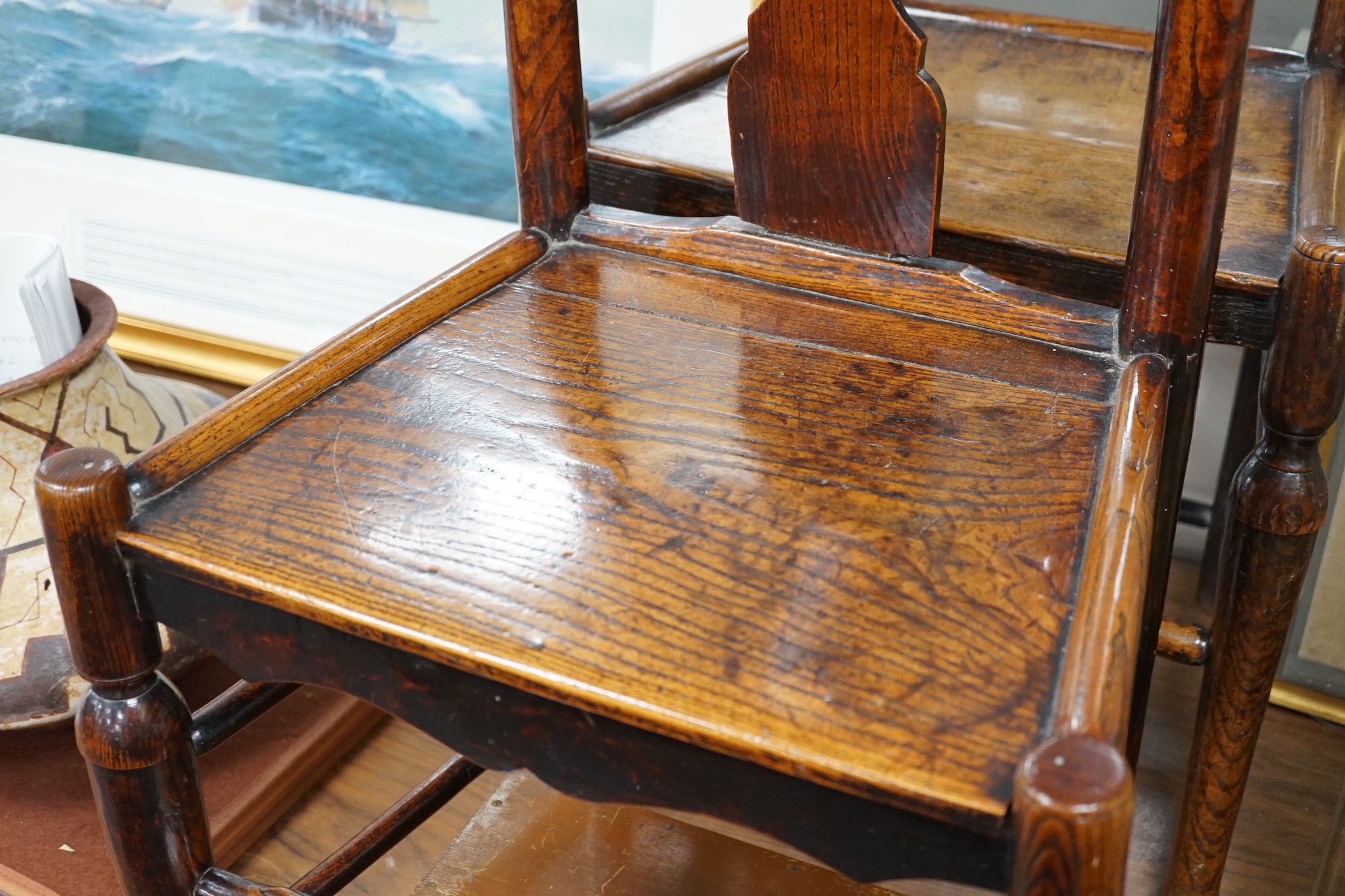 Two early 18th century oak cottage dining chairs *Please note the sale commences at 9am.